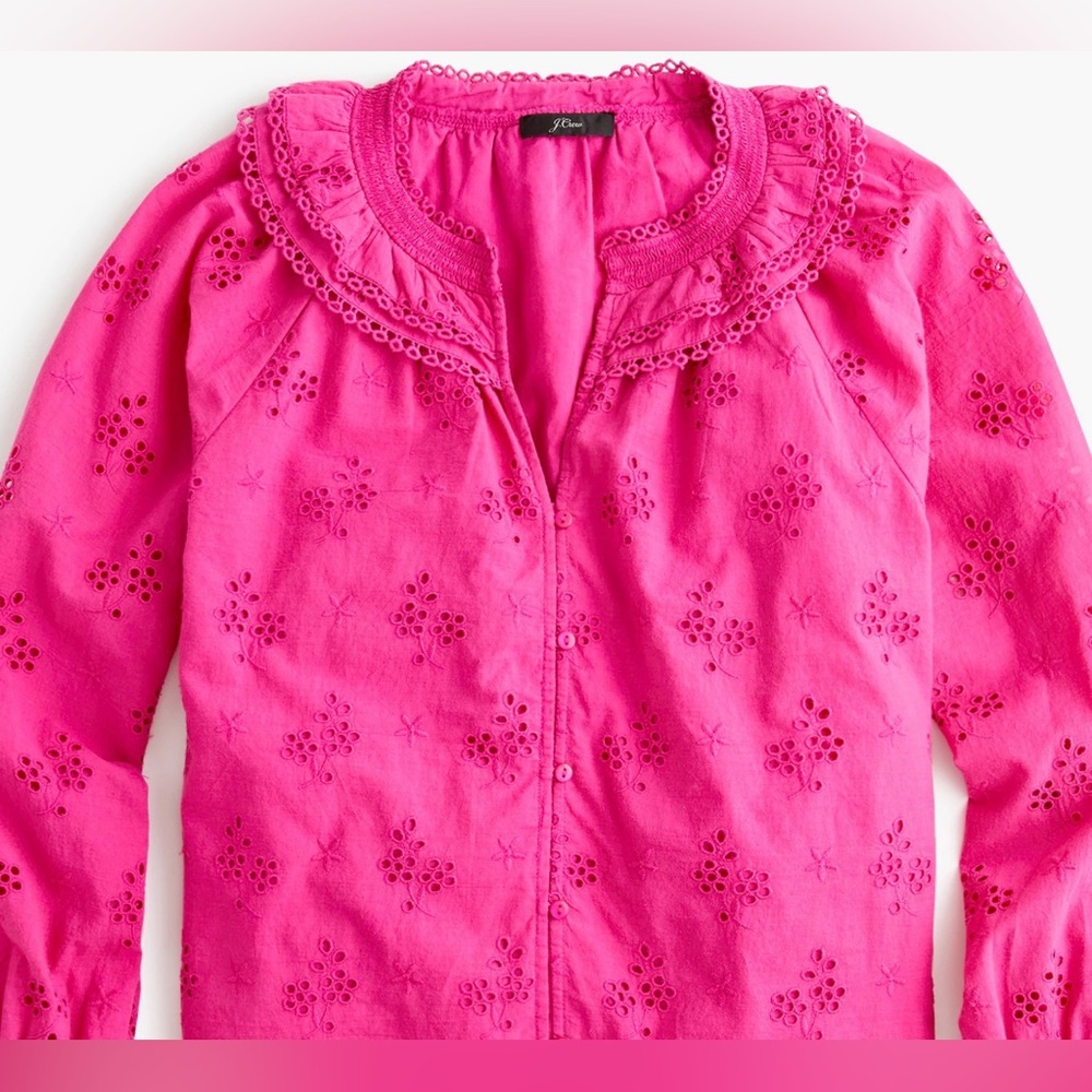 J.Crew Button Front Eyelet Peasant Top Crisp Begonia Size Medium